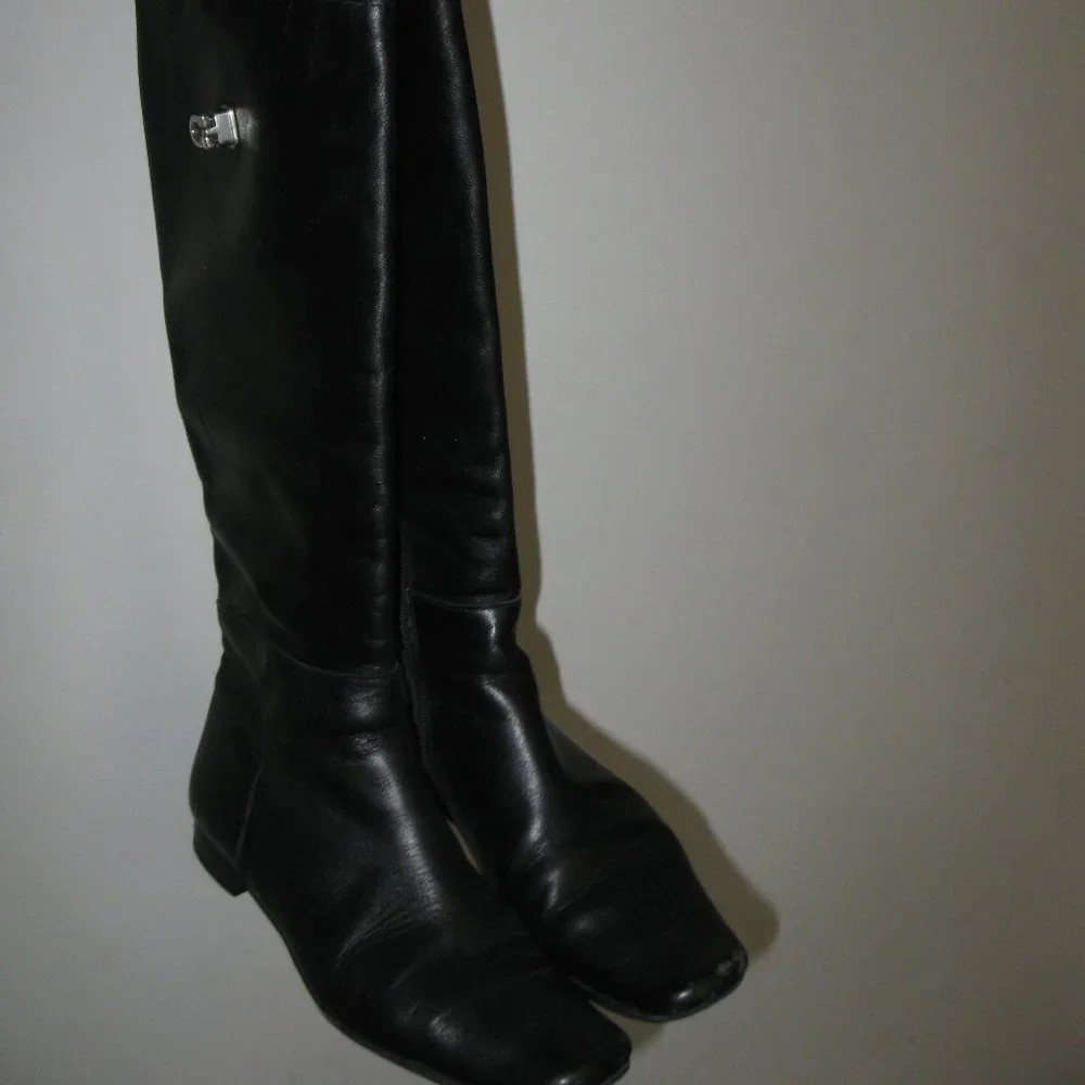 REDUCED Wmn Black Leather Side Zipper Block Heel Over The Knee Boots S 5.5 UK 3